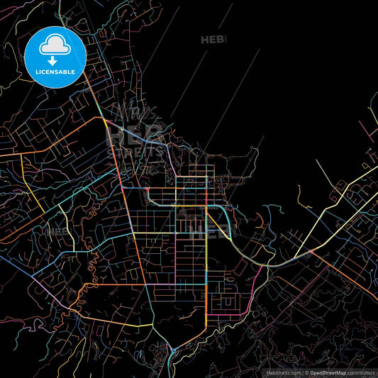 Rotorua, New Zealand, colorful city map on black background
