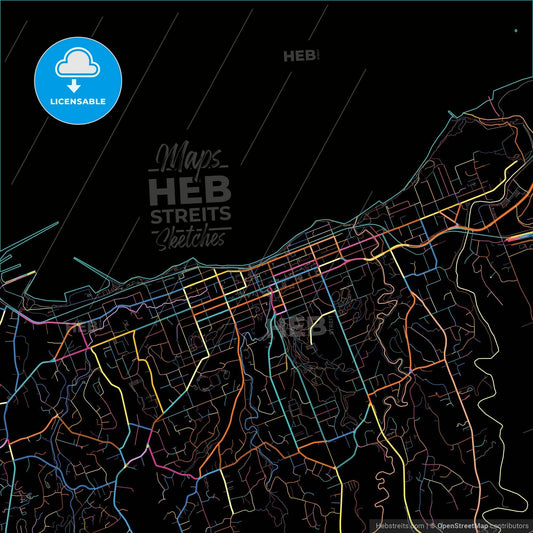New Plymouth, New Zealand, colorful city map on black background