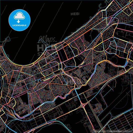 Alexandria, Egypt, colorful city map on black background