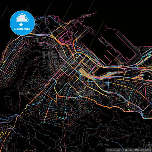 Cape Town, South Africa, colorful city map on black background