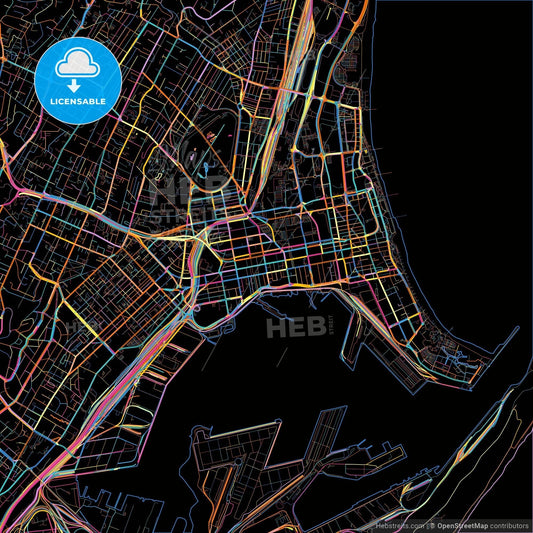 Durban, South Africa, colorful city map on black background