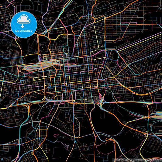 Johannesburg, South Africa, colorful city map on black background