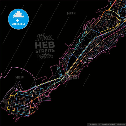 Camayenne, Guinea, colorful city map on black background