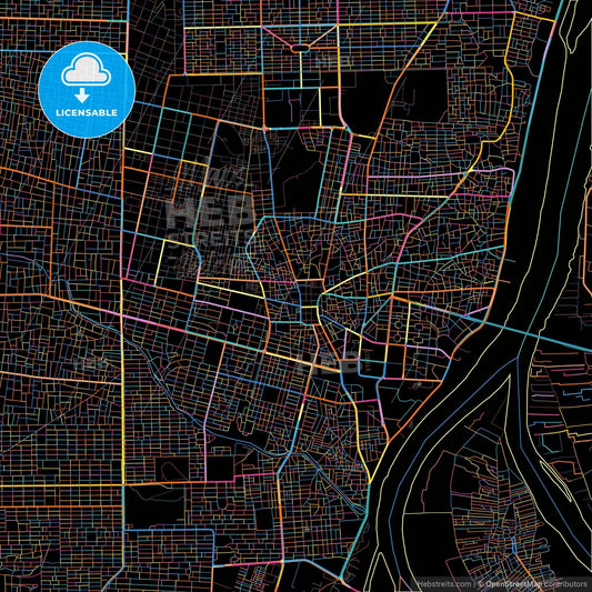 Omdurman, Sudan, colorful city map on black background