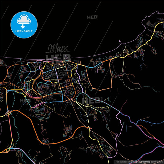 Boumerdas, Algeria, colorful city map on black background