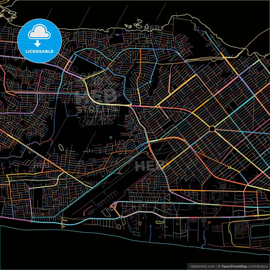 Cotonou, Benin, colorful city map on black background