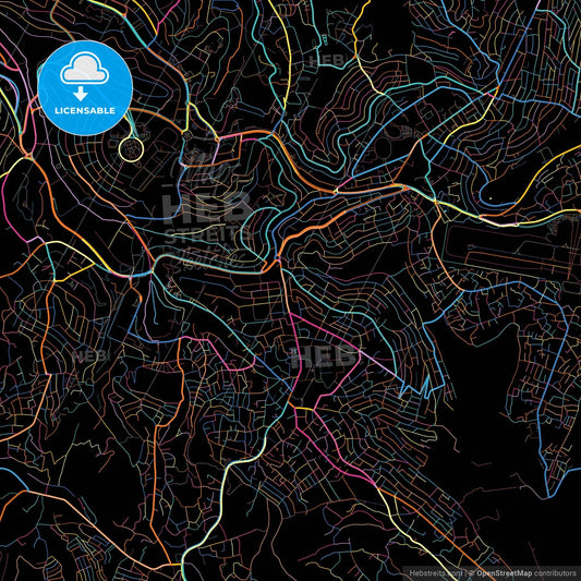 Kigali, Rwanda, colorful city map on black background