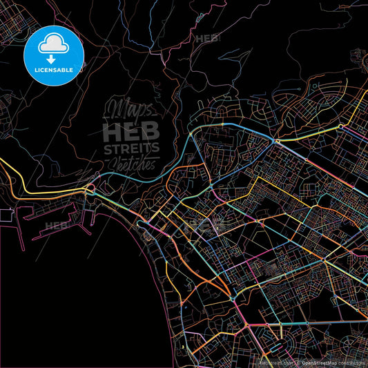 Agadir, Morocco, colorful city map on black background