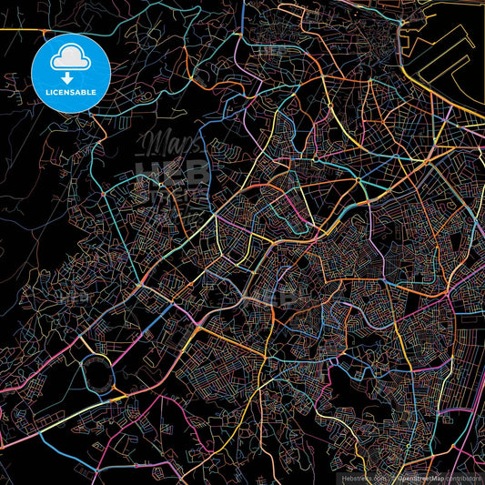 Tangier, Morocco, colorful city map on black background