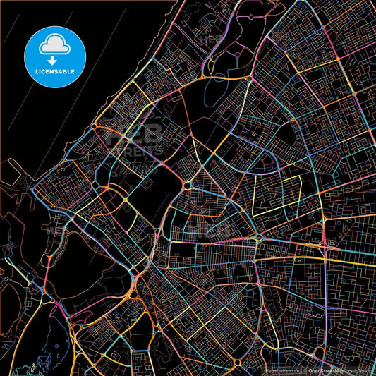 Benghazi, Libya, colorful city map on black background