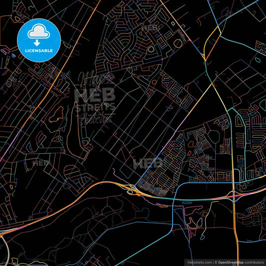 Benoni, South Africa, colorful city map on black background
