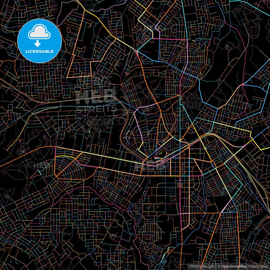 Bouake, Ivory Coast, colorful city map on black background