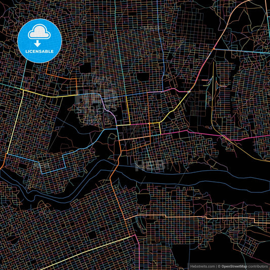 Nyala, Sudan, colorful city map on black background