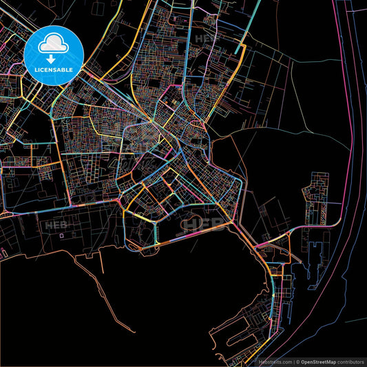 Suez, Egypt, colorful city map on black background
