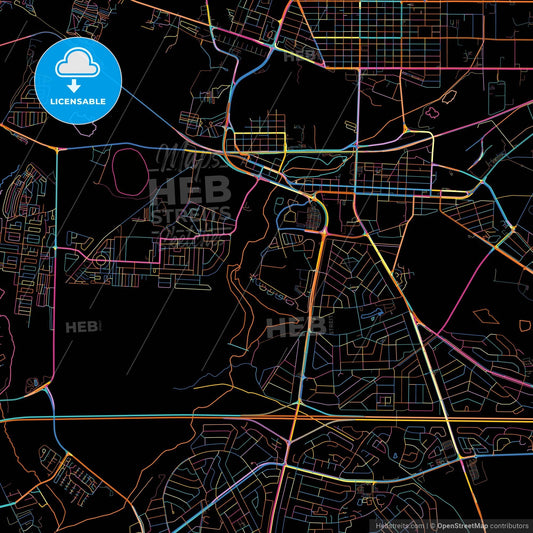Boksburg, South Africa, colorful city map on black background