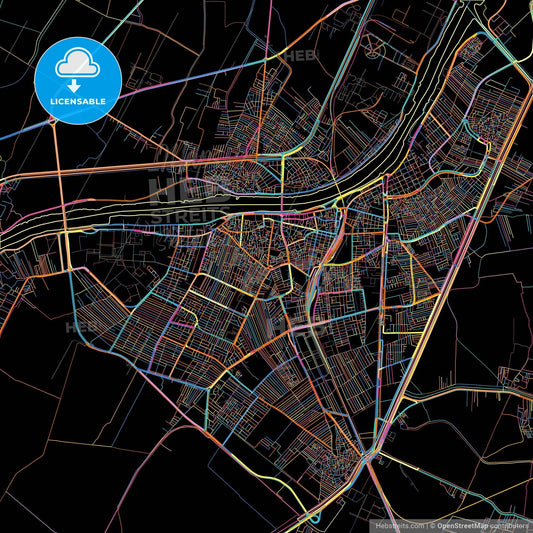 Al Mansurah, Egypt, colorful city map on black background