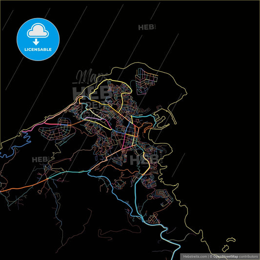 Al Hoceima, Morocco, colorful city map on black background