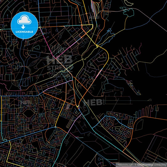 Ndola, Zambia, colorful city map on black background