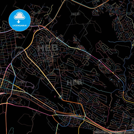 Krugersdorp, South Africa, colorful city map on black background