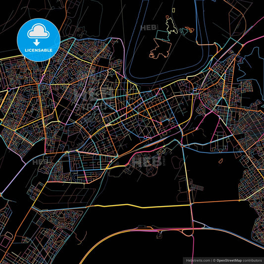 Kenitra, Morocco, colorful city map on black background