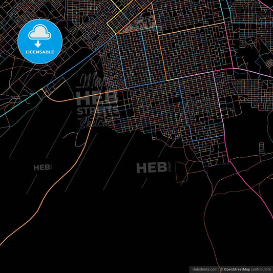 Kosti, Sudan, colorful city map on black background