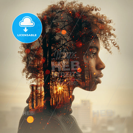 Productivity Panorama: Workflow in Motion - A womans face with a tree and lights