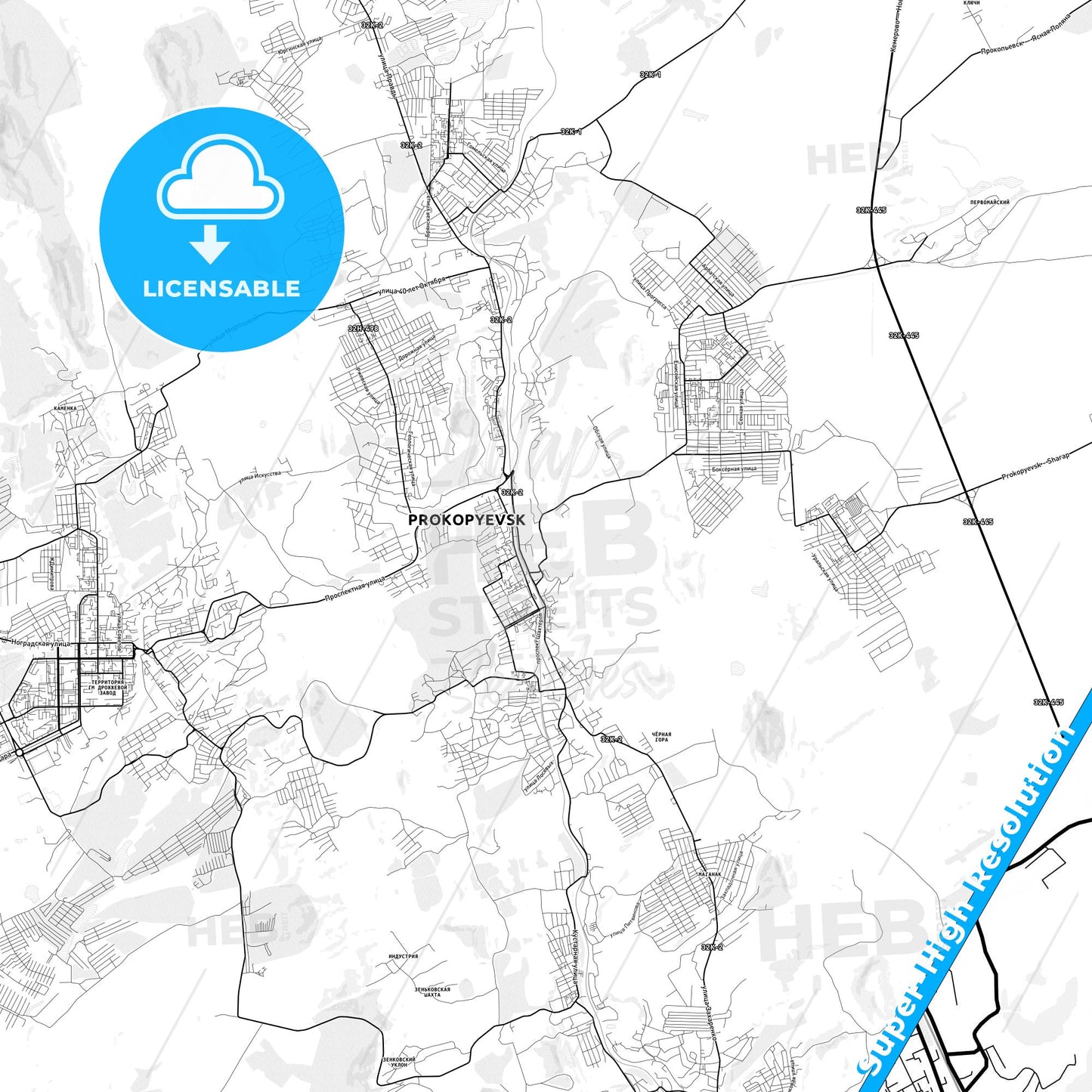 Prokopyevsk, Russia light map with streetnames, citynames and districts