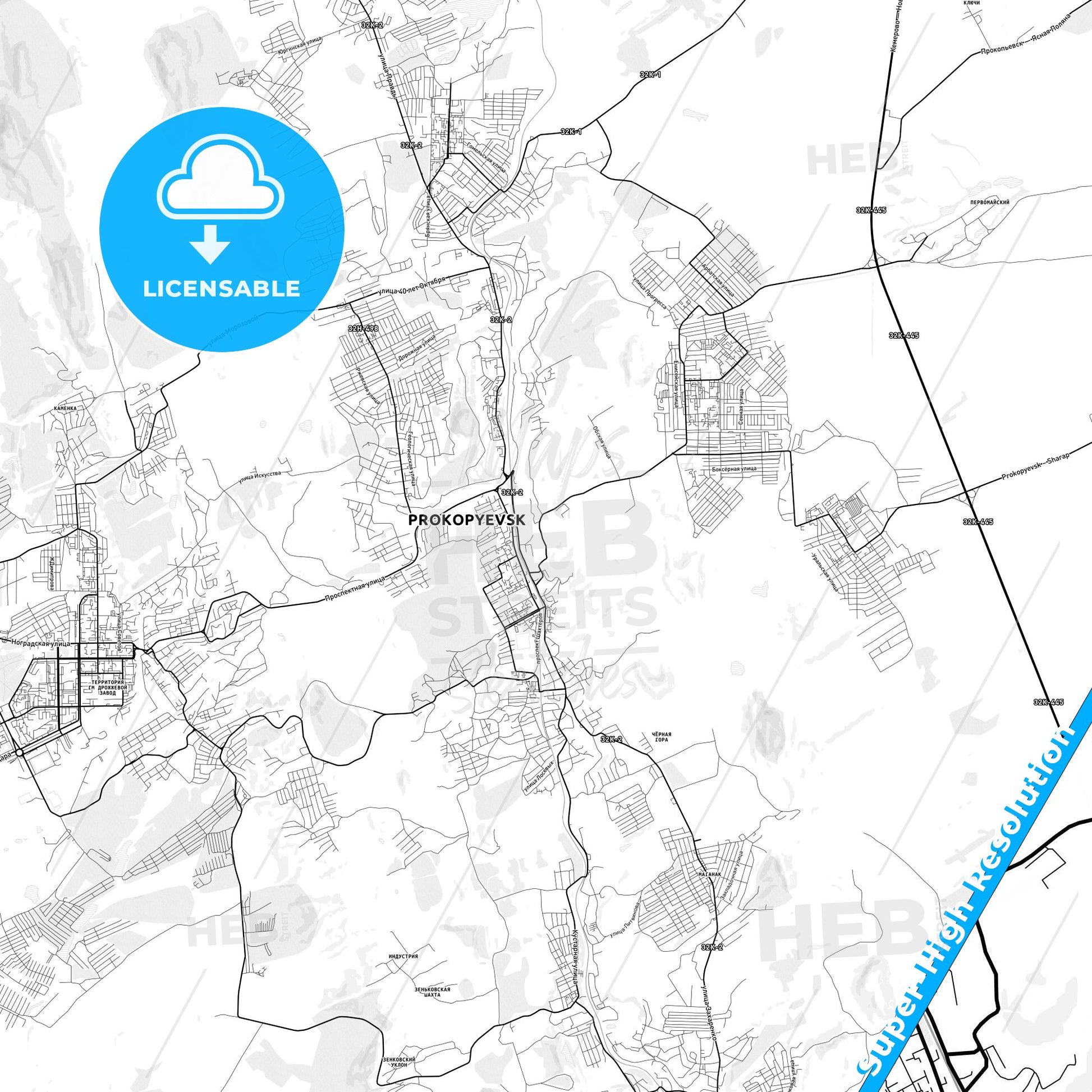 Prokopyevsk, Russia light map with streetnames, citynames and districts