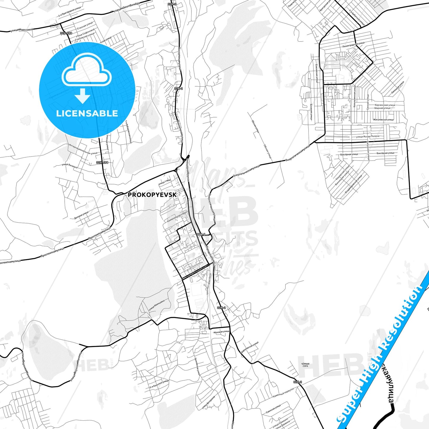 Prokopyevsk, Russia Light Map with Street Names, City Names, and Districts