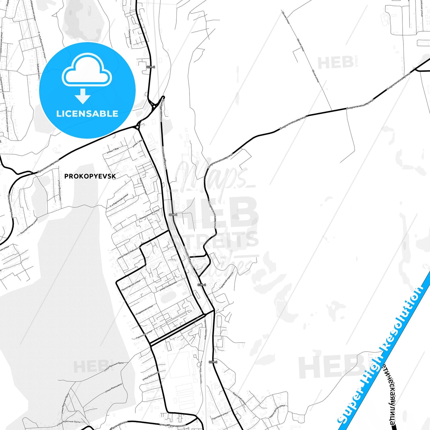 Prokopyevsk, Russia Light Map with Street Names, City Names, and Districts
