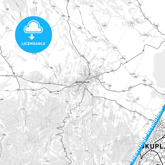 Prokuplje, Serbia light map with streetnames, citynames and districts