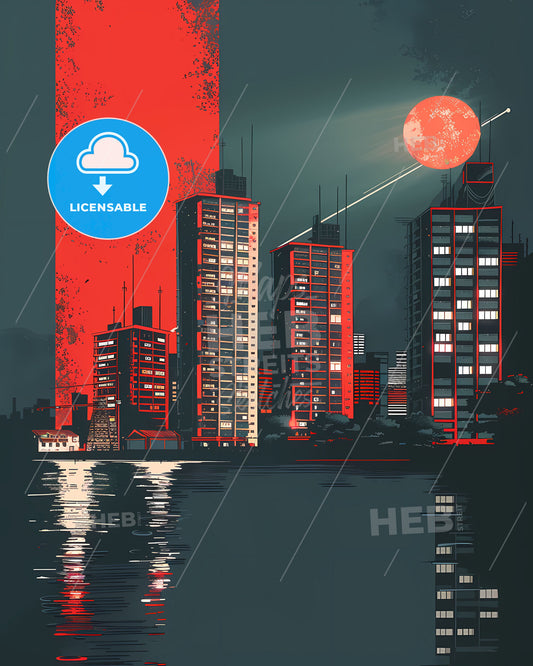 Art Deco Communist City Skyline: Propaganda, Retro Futurism, Hyperpop, Blockchain, Minimalism, Red Moon