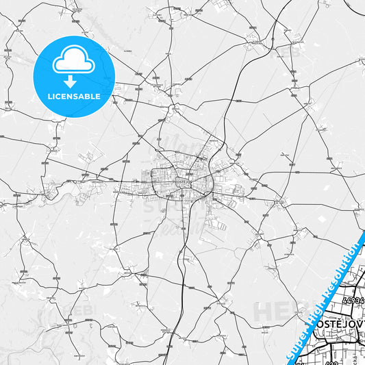 Prostějov, Czechia light map with streetnames, citynames and districts