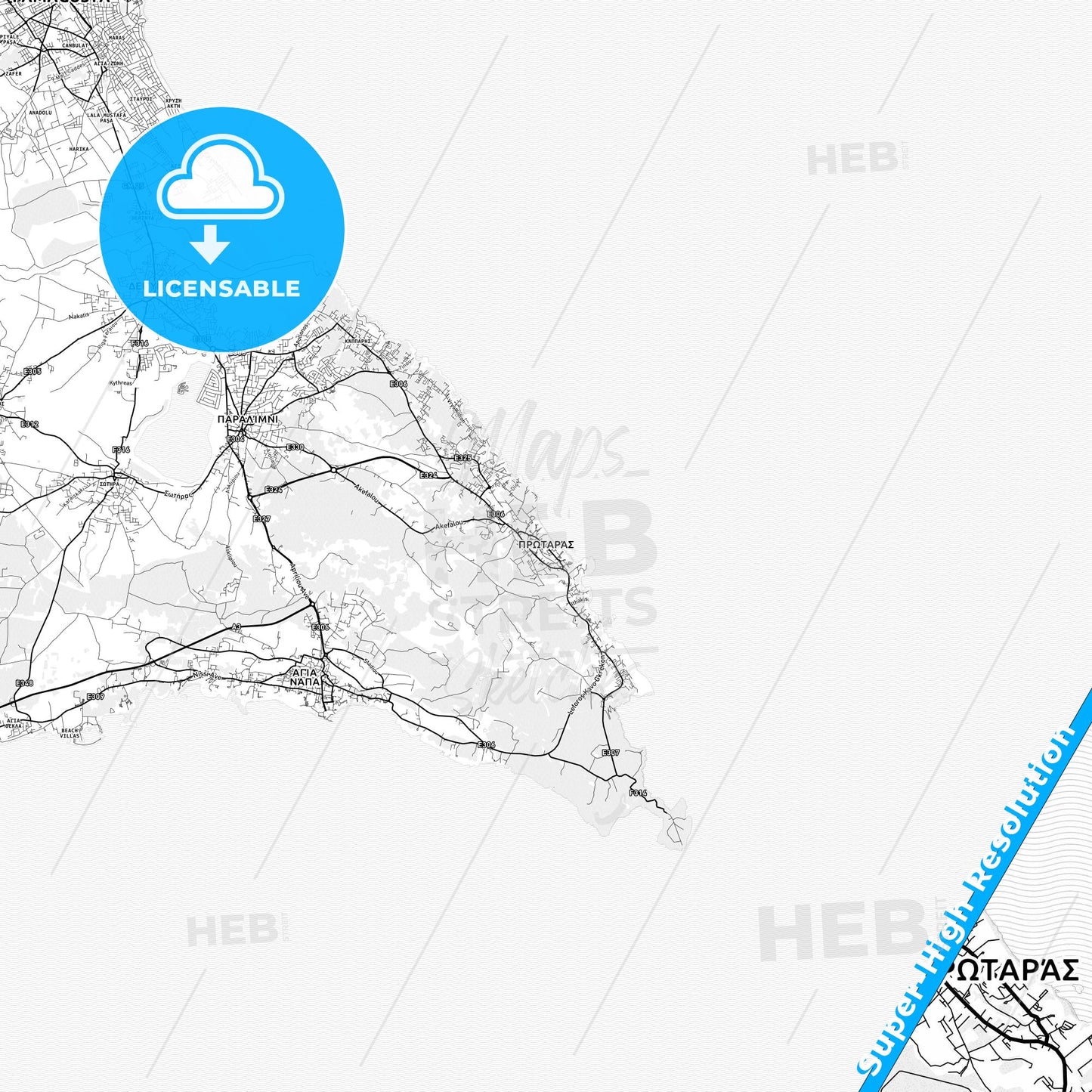 Protaras  , Cyprus light map with streetnames, citynames and districts
