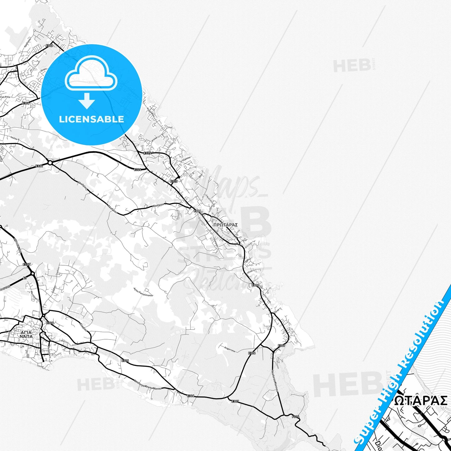 Protaras  , Cyprus Light Map with Street Names, City Names, and Districts