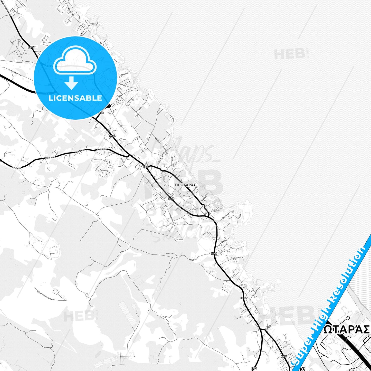 Protaras  , Cyprus Light Map with Street Names, City Names, and Districts