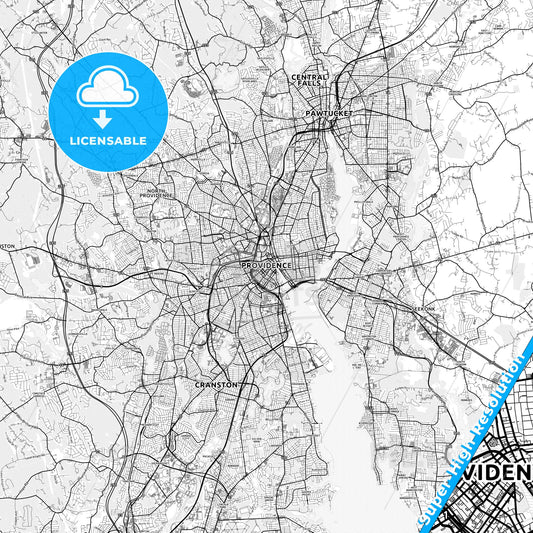Providence, Rhode Island light map with streetnames, citynames and districts