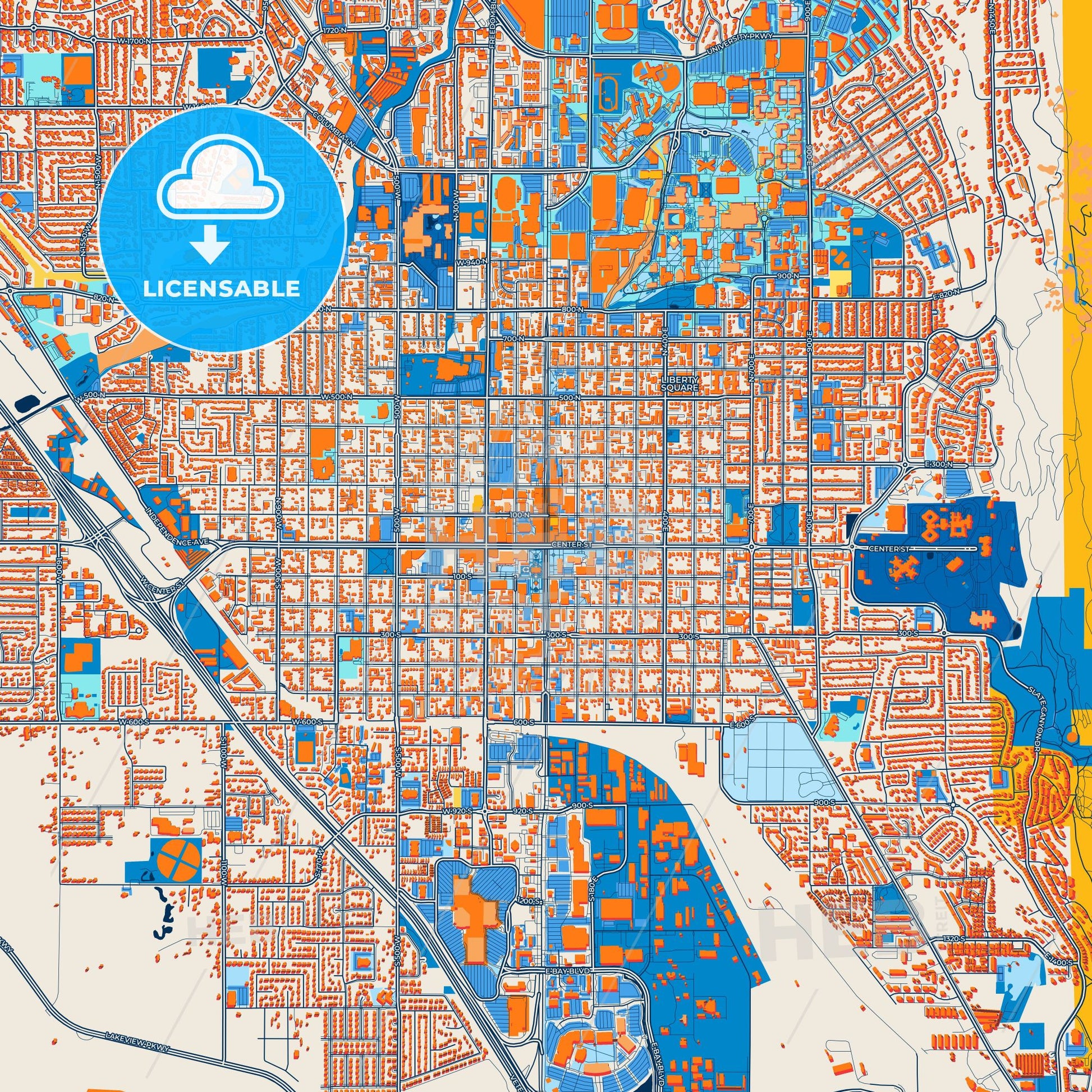Colorful Provo Street Map with Labels and Buildings