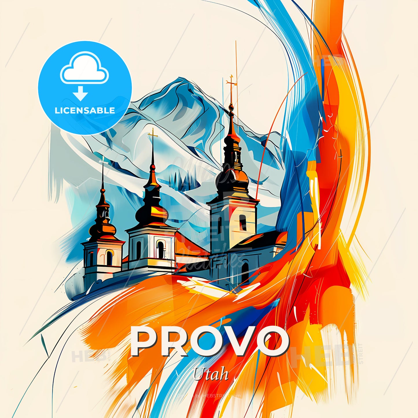 Vibrant Provo, Utah - A Painting Of A Building With A Mountain In The Background - Square format print template