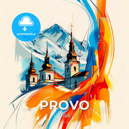 Vibrant Provo, Utah - A Painting Of A Building With A Mountain In The Background - Square format print template