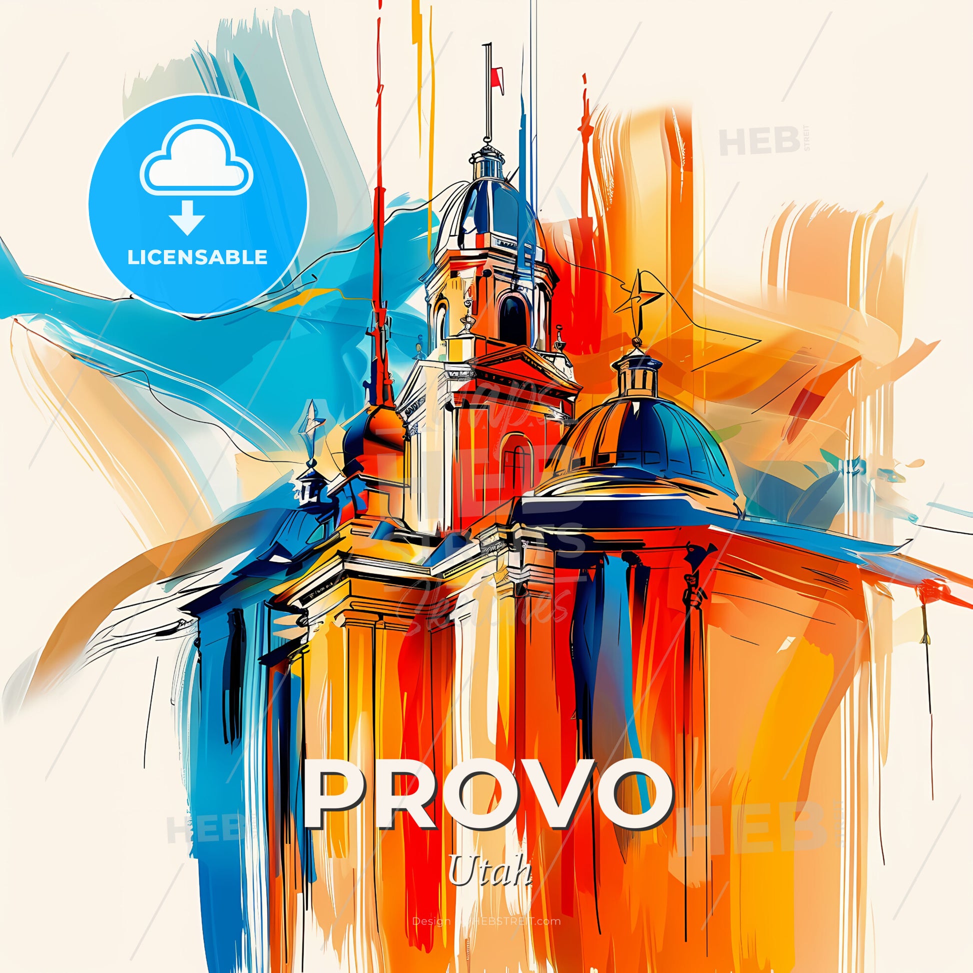 Vibrant Provo, Utah - A Painting Of A Building With A Flag On Top - Square format print template