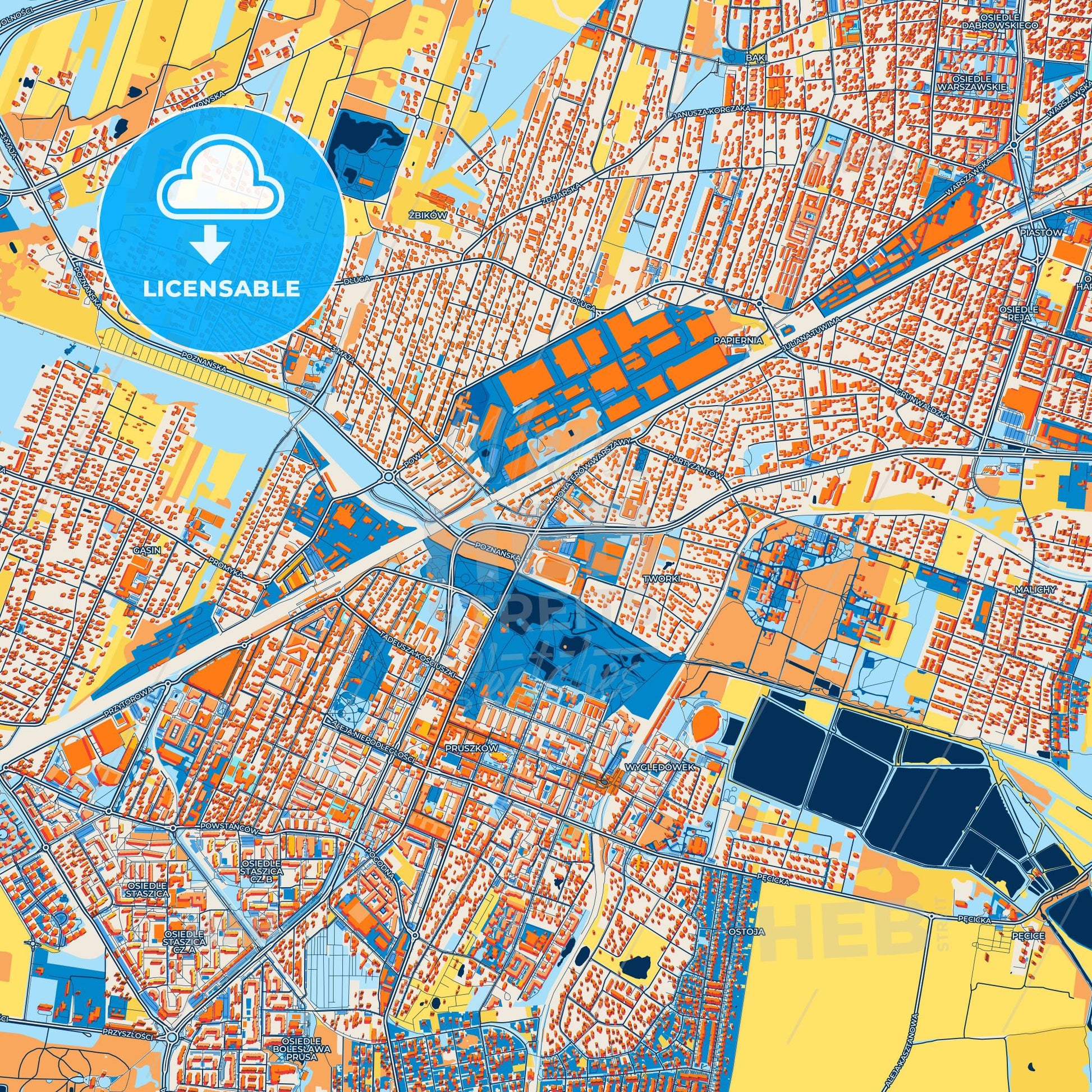 Colorful Pruszków Street Map with Labels and Buildings