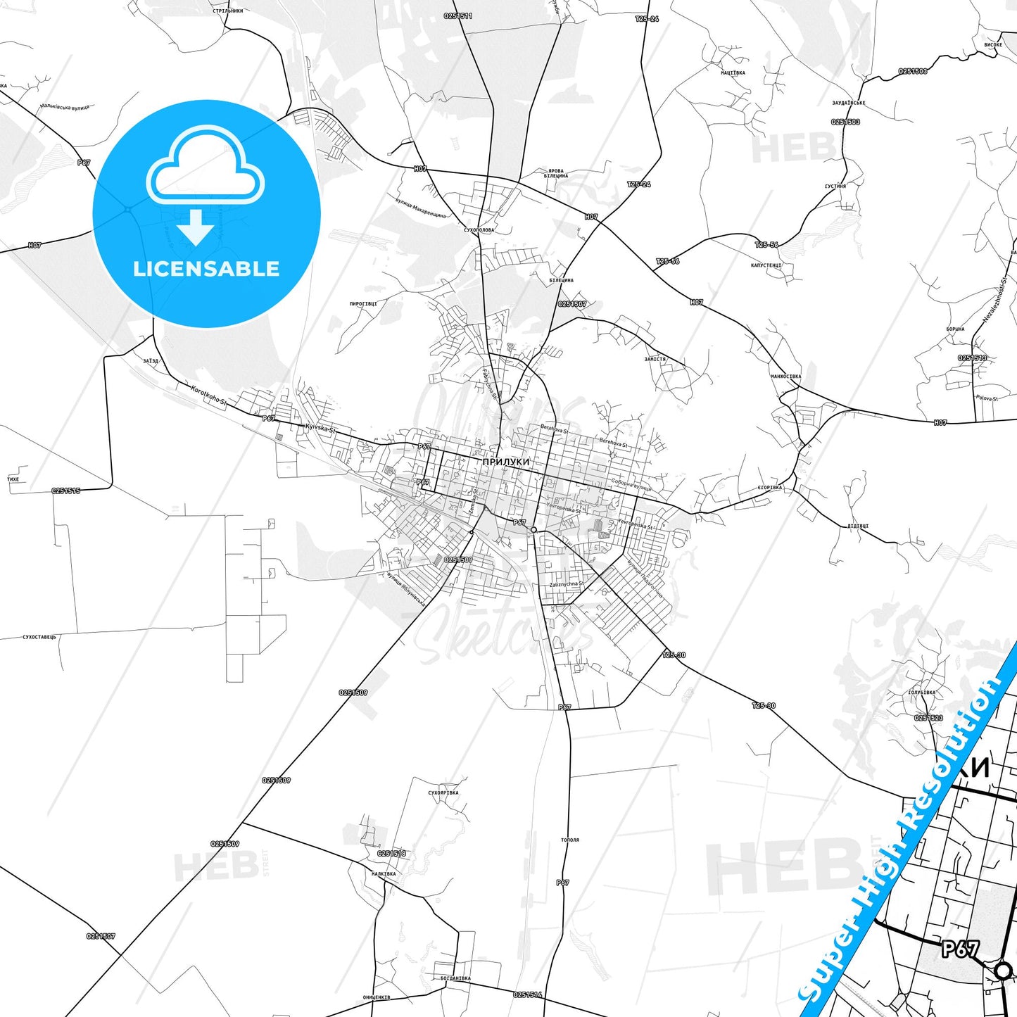 Pryluky, Ukraine light map with streetnames, citynames and districts