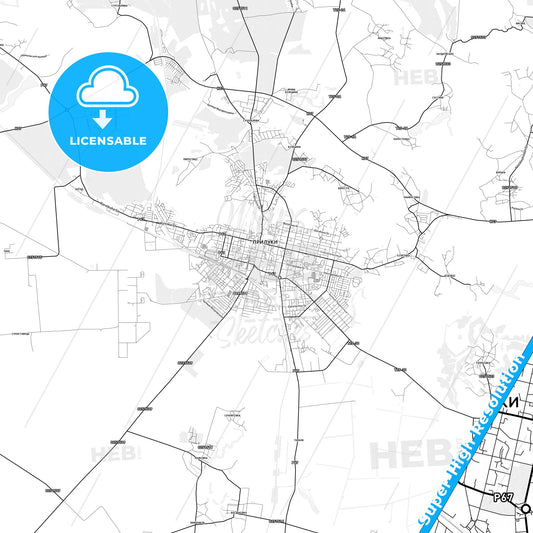 Pryluky, Ukraine light map with streetnames, citynames and districts