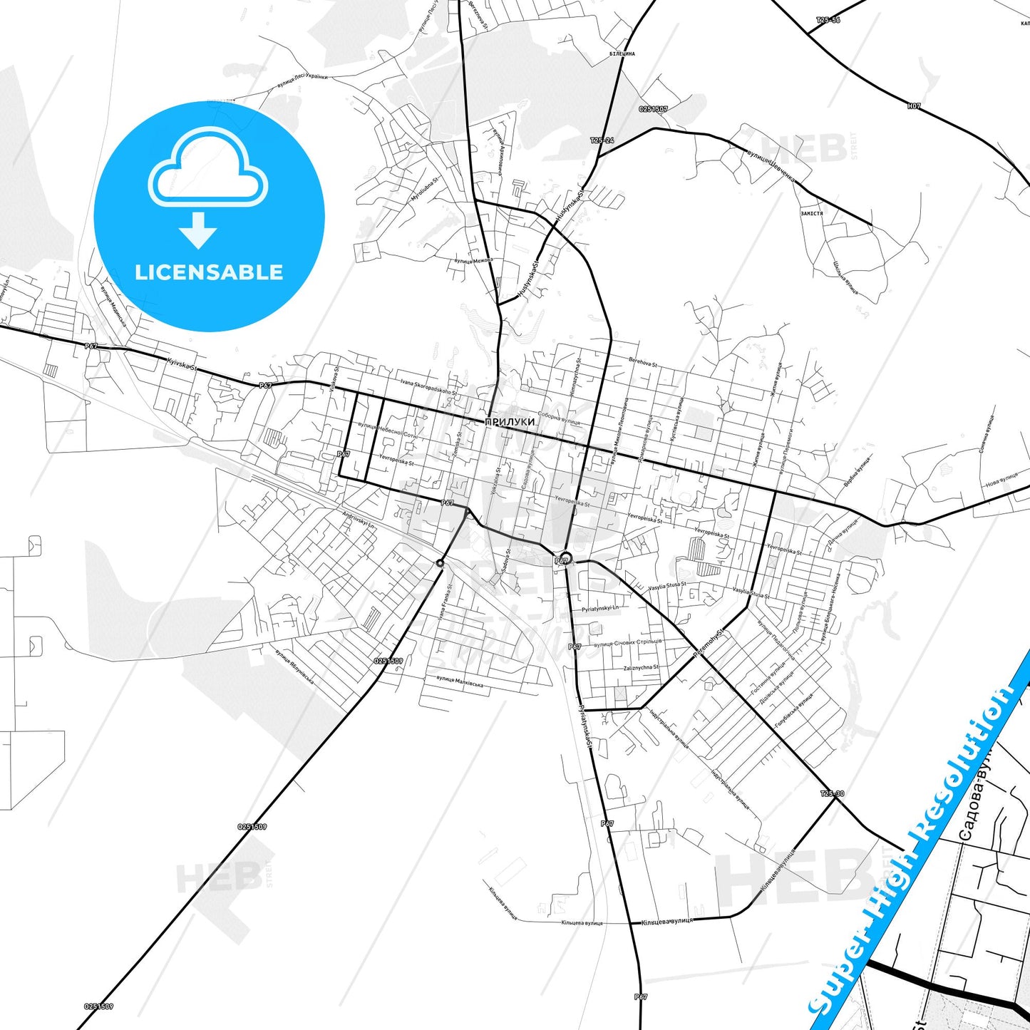 Pryluky, Ukraine Light Map with Street Names, City Names, and Districts