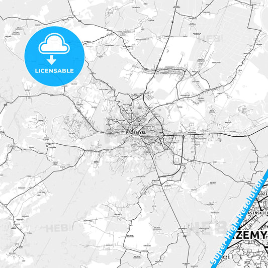 Przemyśl, Poland light map with streetnames, citynames and districts