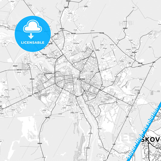 Pskov, Russia light map with streetnames, citynames and districts