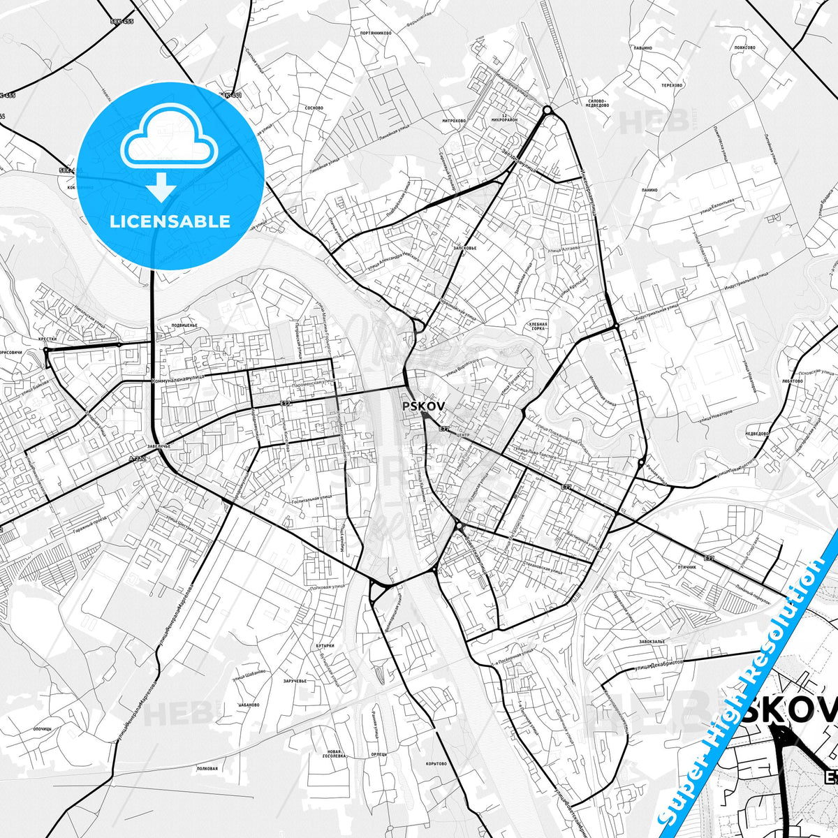 Pskov, Russia Light Map with Street Names, City Names, and Districts