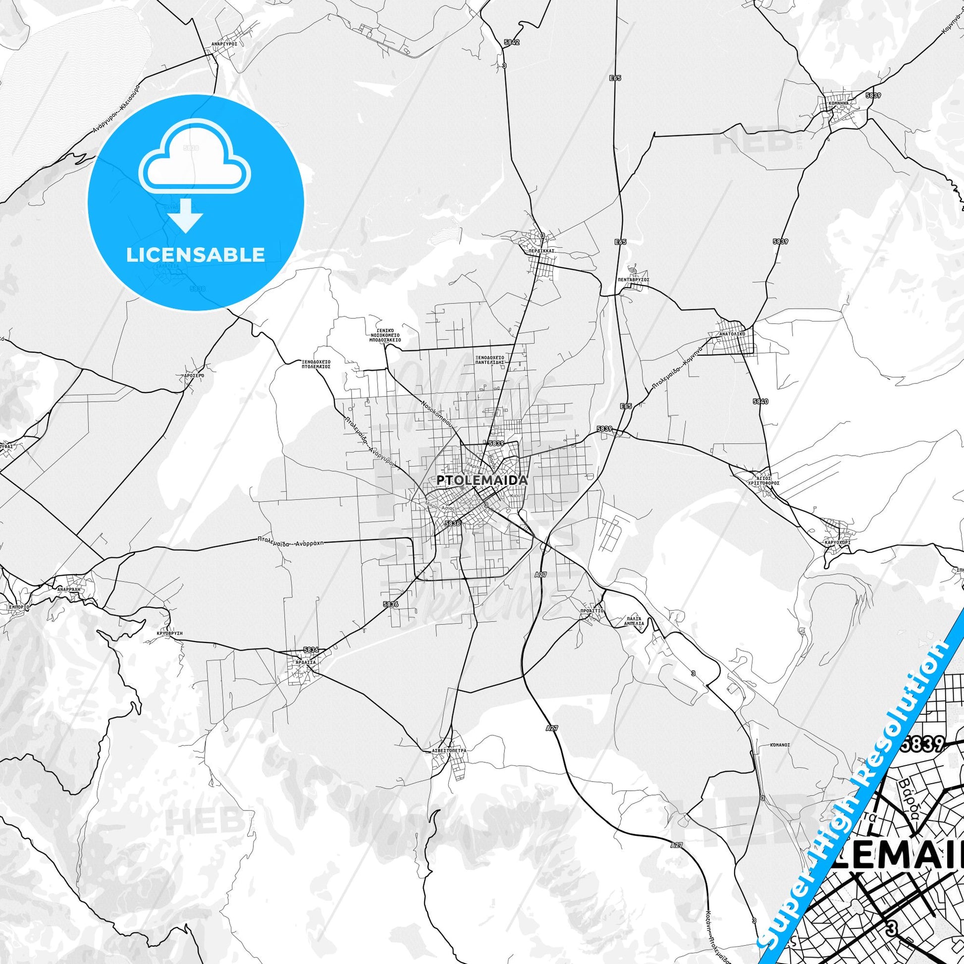 Ptolemaida, Greece light map with streetnames, citynames and districts
