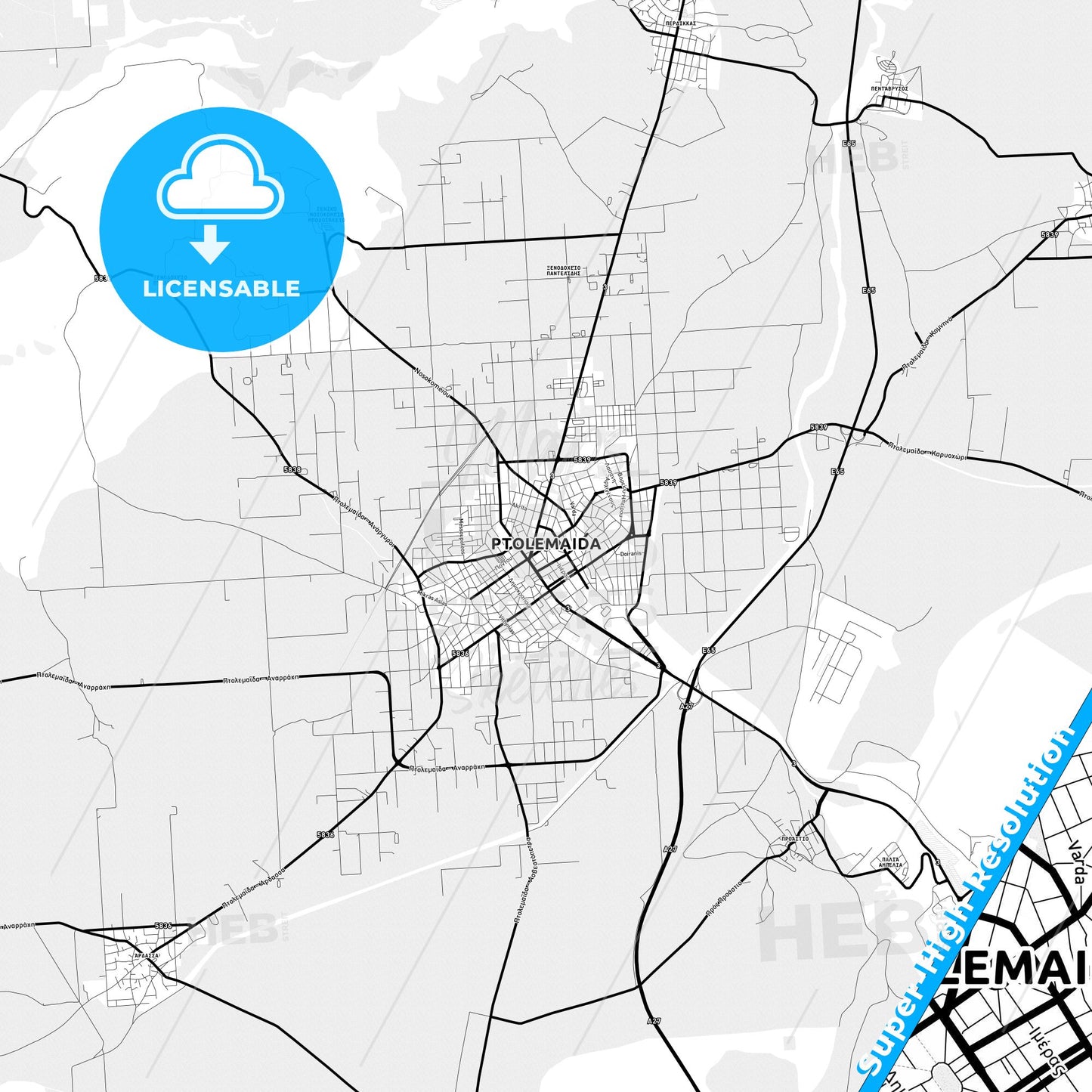 Ptolemaida, Greece Light Map with Street Names, City Names, and Districts